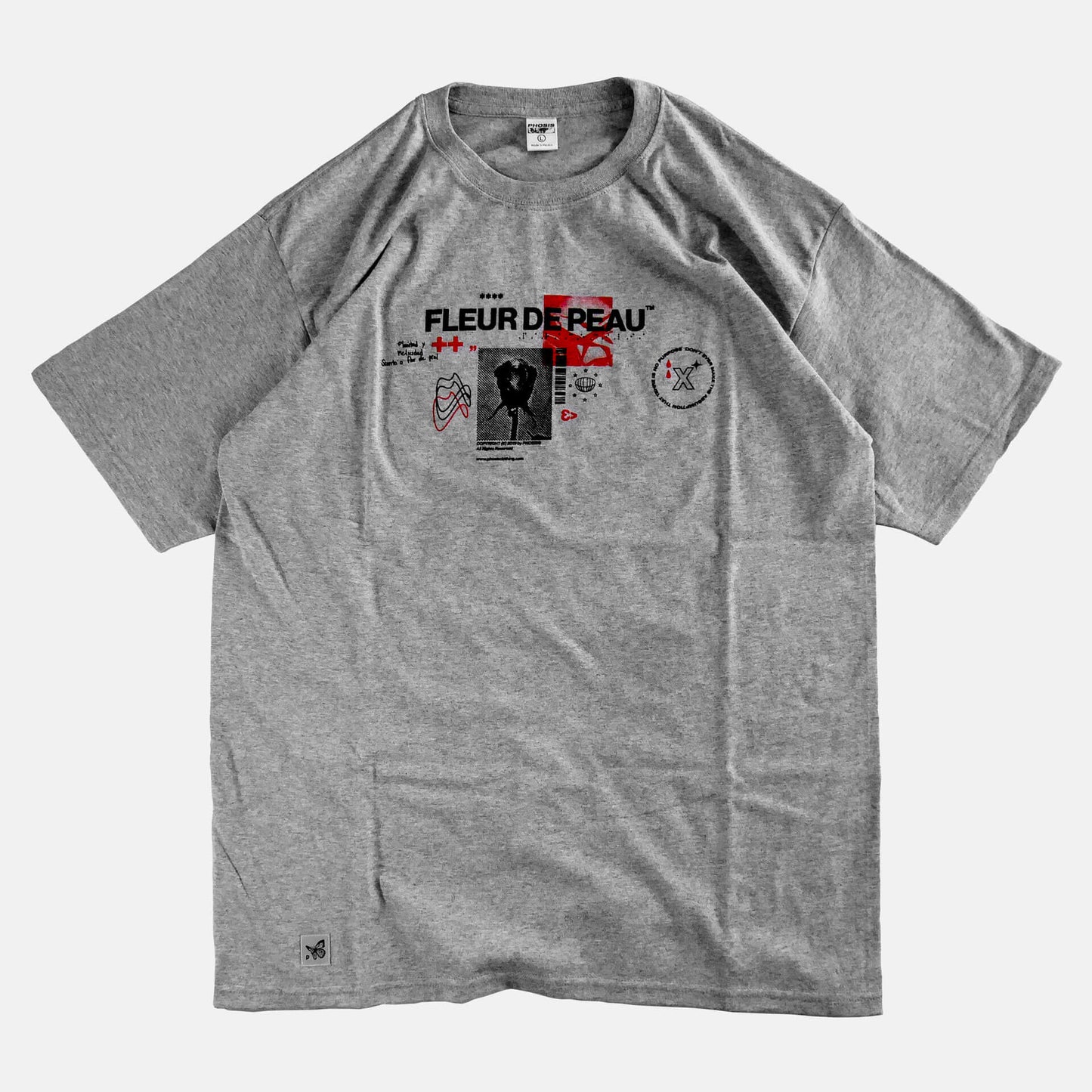 Front view of the screen-pinted FLEUR DE PEAU TEE heather grey t-shirt from PHOSIS Clothing