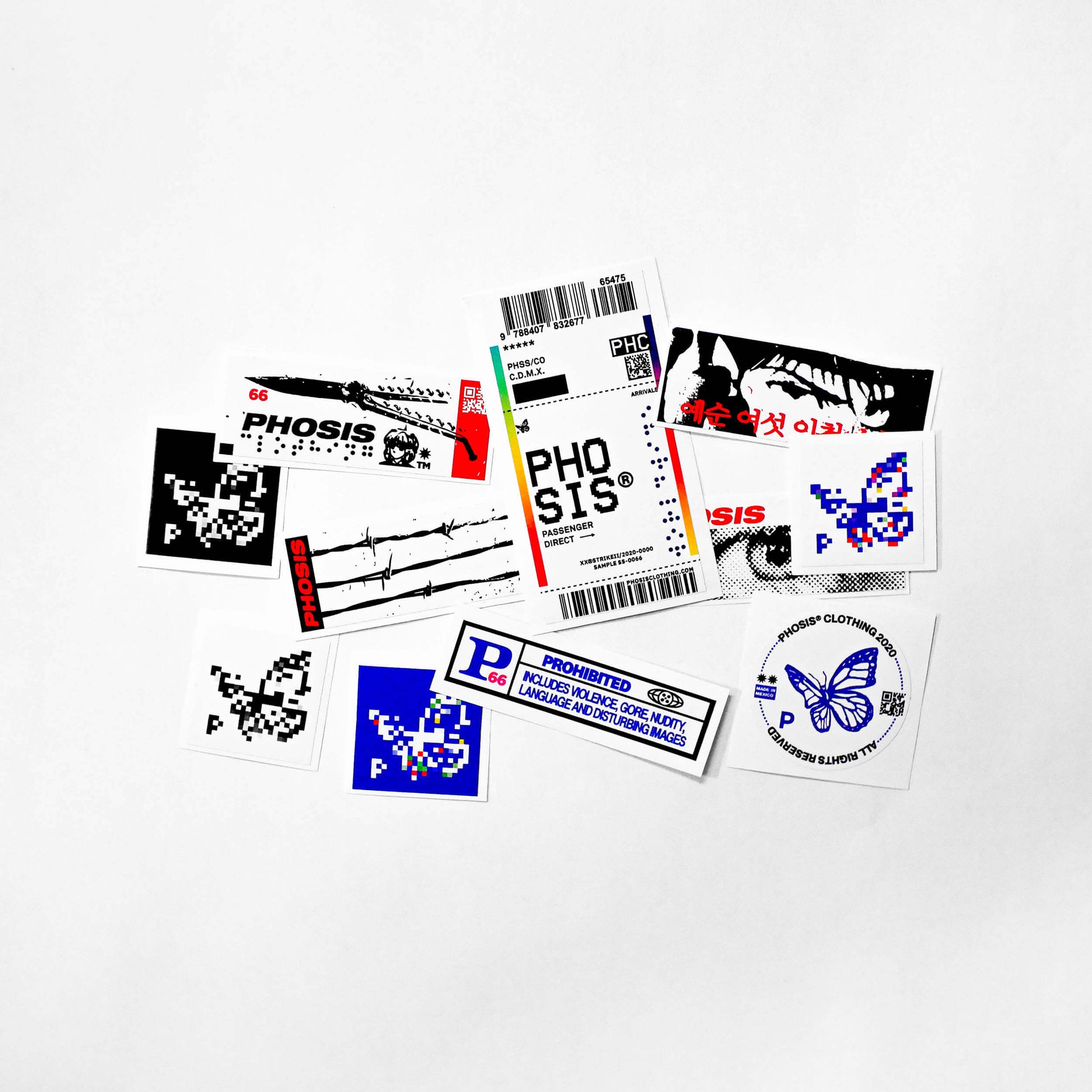 All stickers from the the full STRIKE 2 vinyl sticker pack from PHOSIS Clothing