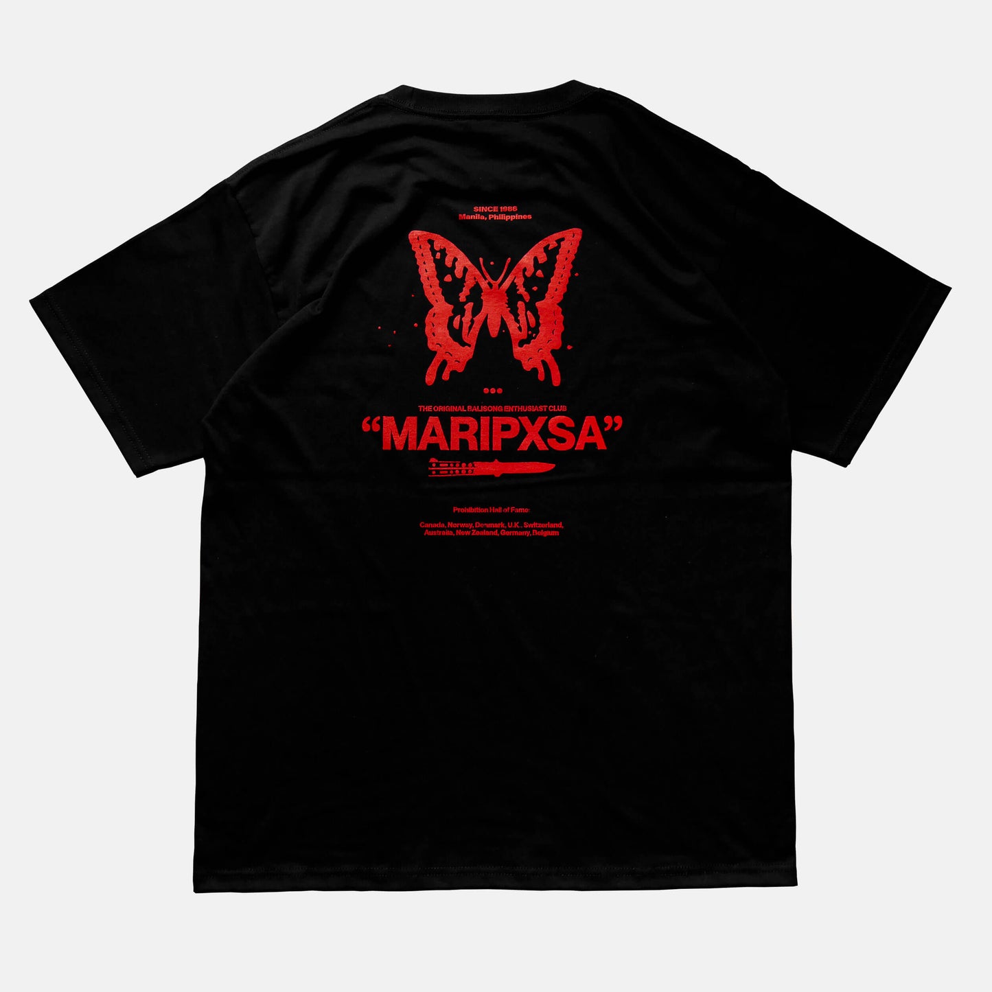 Back view of the screen-pinted 'MARIPXSA' BALISONG CLUB black t-shirt from PHOSIS Clothing