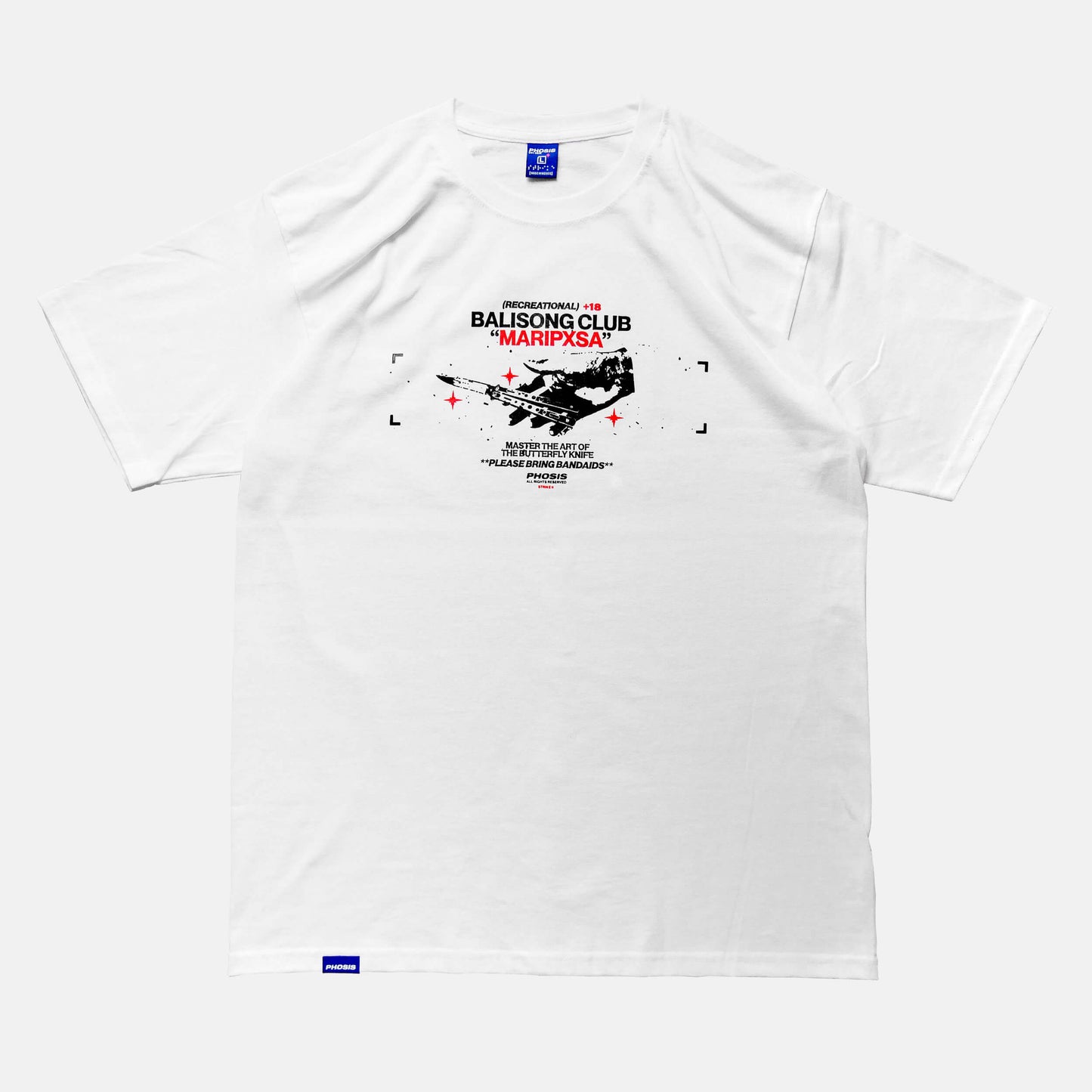 Front view of the screen-pinted 'MARIPXSA' BALISONG CLUB white t-shirt from PHOSIS Clothing