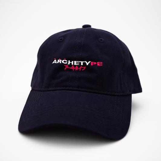 Angle view of the embroidered ARCHETYPE black dad hat from PHOSIS® Clothing