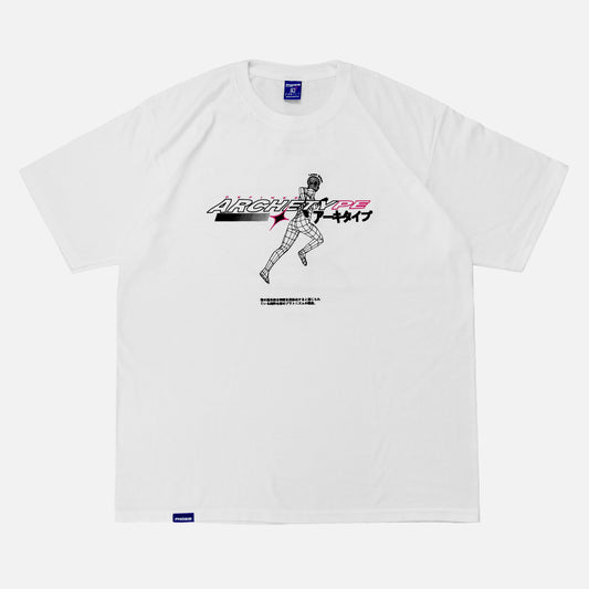 Front view of the screen-pinted ARCHETYPE white heavyweight cotton t-shirt from PHOSIS® Clothing