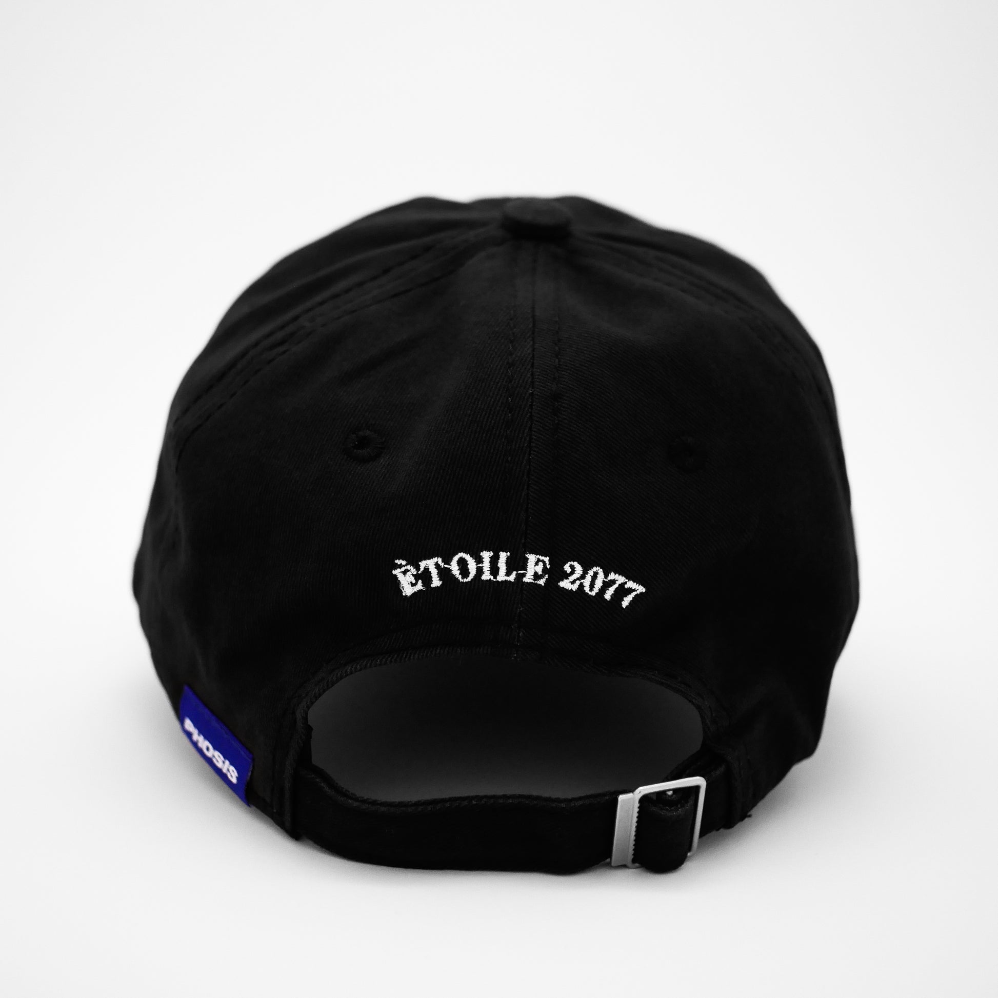Back view of the embroidered ÉTOILE black dad hat from PHOSIS® Clothing