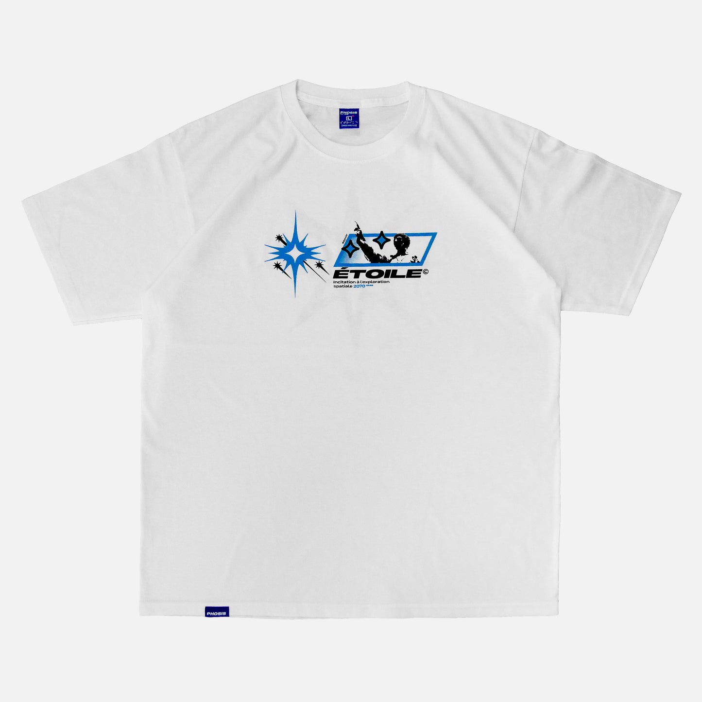 Front view of the screen-pinted ÉTOILE white heavyweight cotton t-shirt from PHOSIS® Clothing