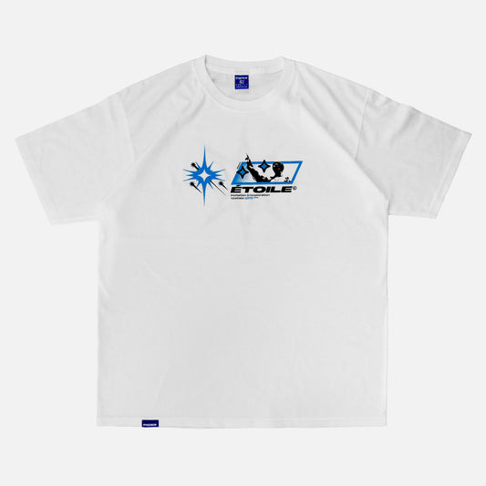 Front view of the screen-pinted ÉTOILE white heavyweight cotton t-shirt from PHOSIS® Clothing