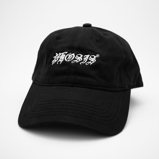Angle view of the embroidered OLD ENGLISH "PHOSIS" black dad hat from PHOSIS® Clothing