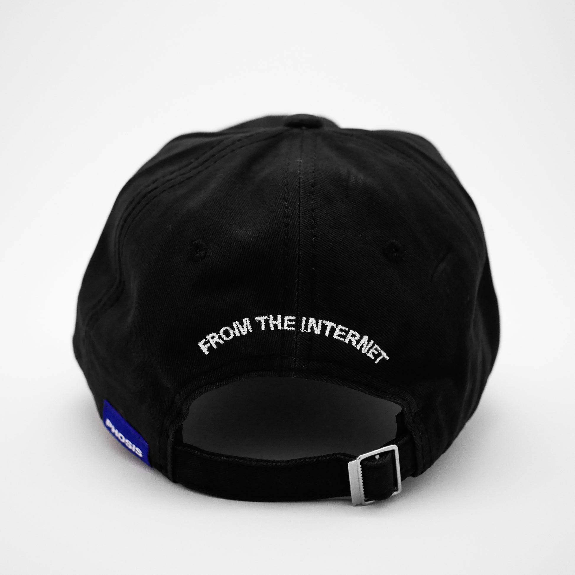 Back view of the embroidered OLD ENGLISH "PHOSIS" black dad hat from PHOSIS® Clothing