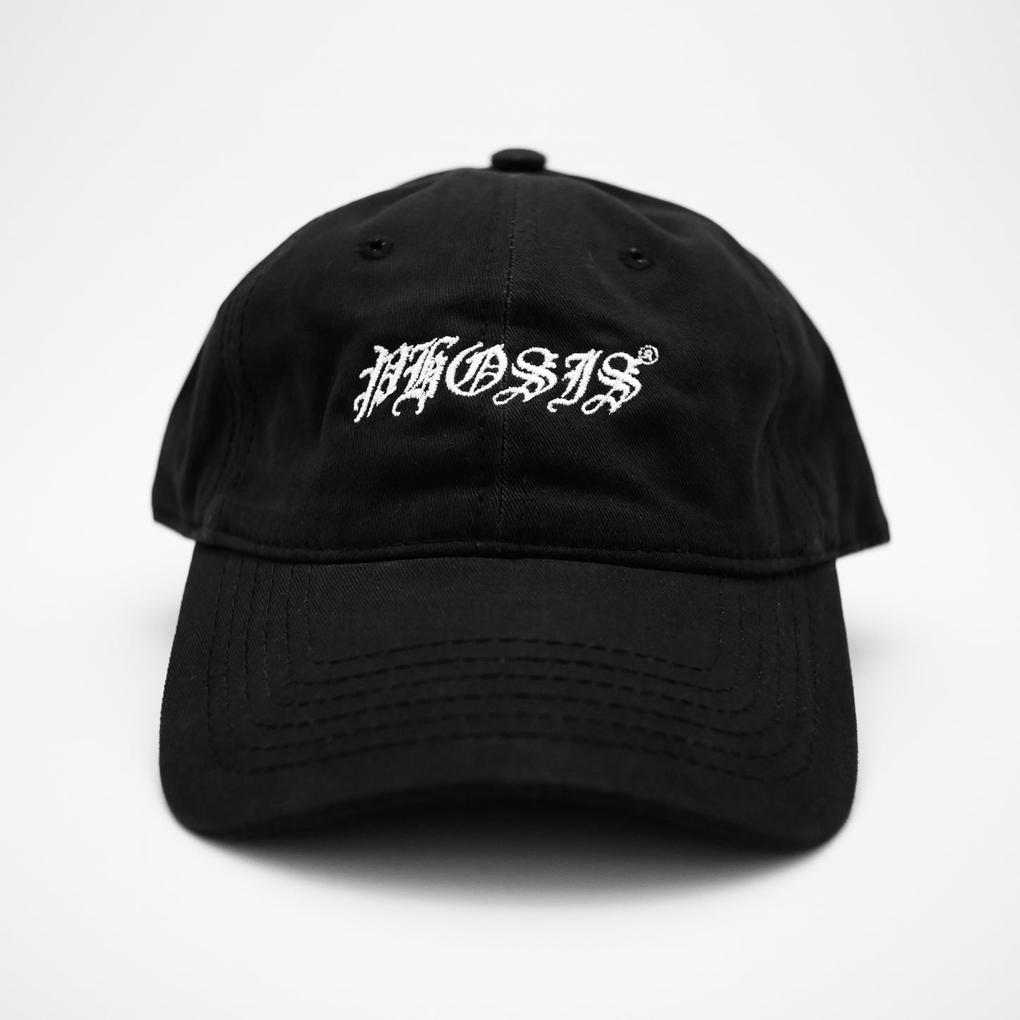 Front view of the embroidered OLD ENGLISH "PHOSIS" black dad hat from PHOSIS® Clothing