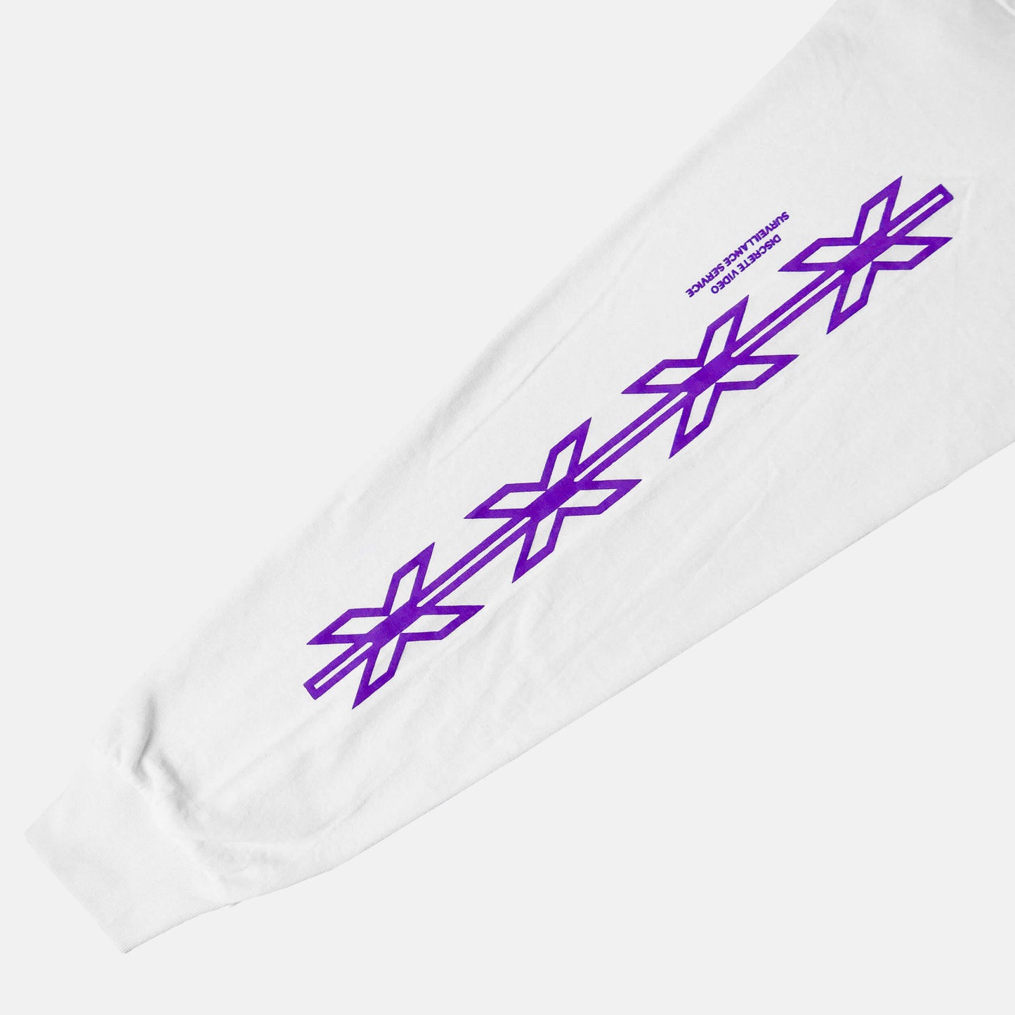 Sleeve close up of the screen-pinted POLYMER white long sleeve from PHOSIS Clothing