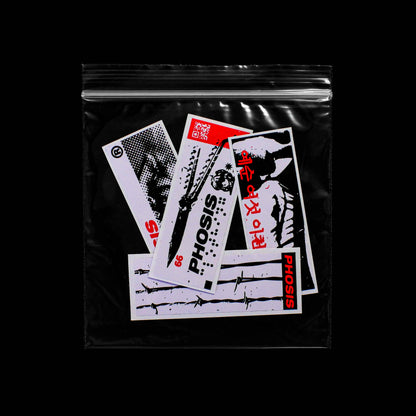 Front view of the Red + Black STRIKE 2 vinyl sticker pack bag from PHOSIS Clothing