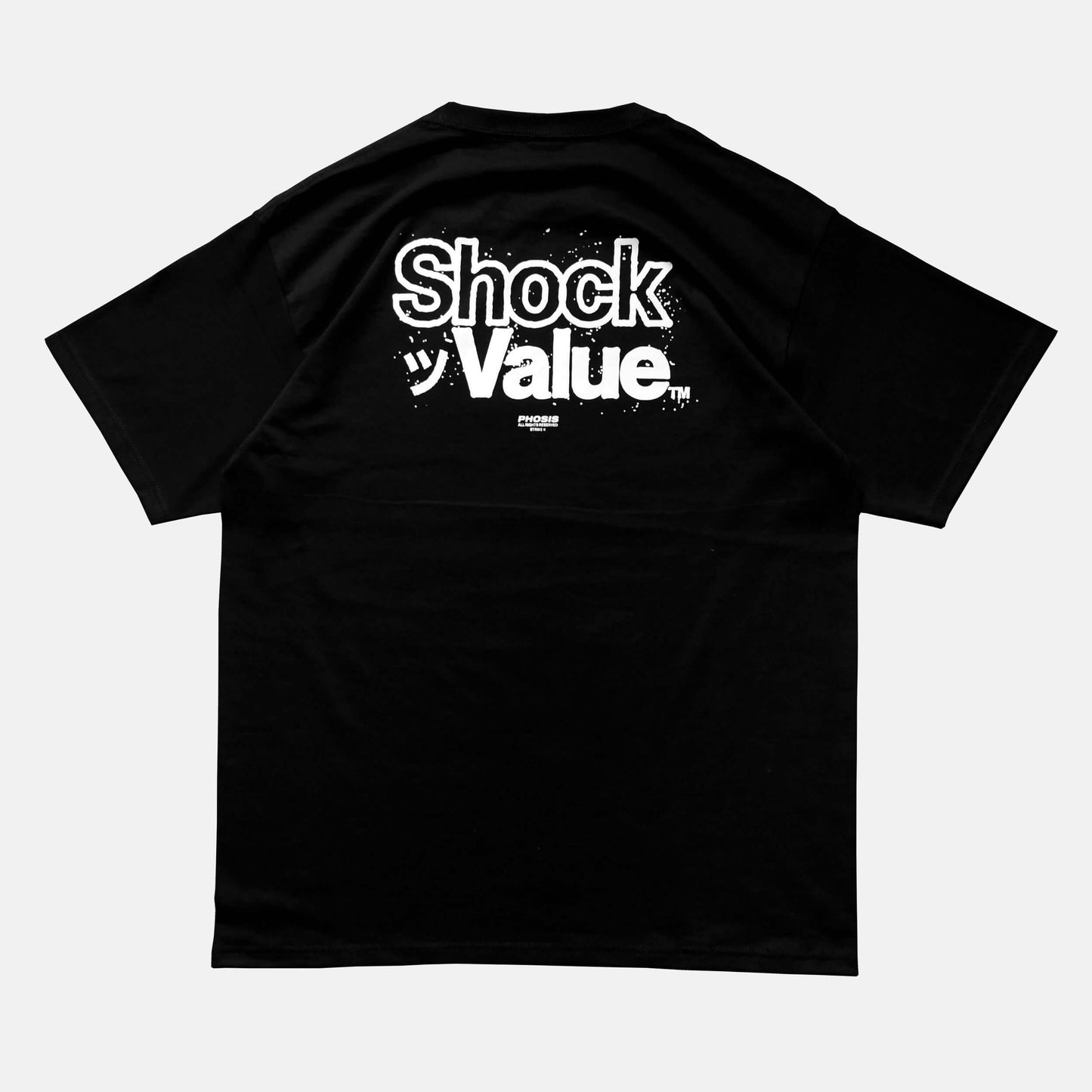 Back view of the screen-pinted SHOCK VALUE black t-shirt from PHOSIS Clothing