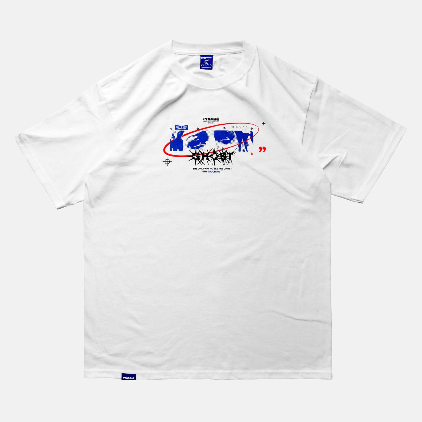 Front view of the screen-pinted WEEPING GHOST white t-shirt from PHOSIS Clothing