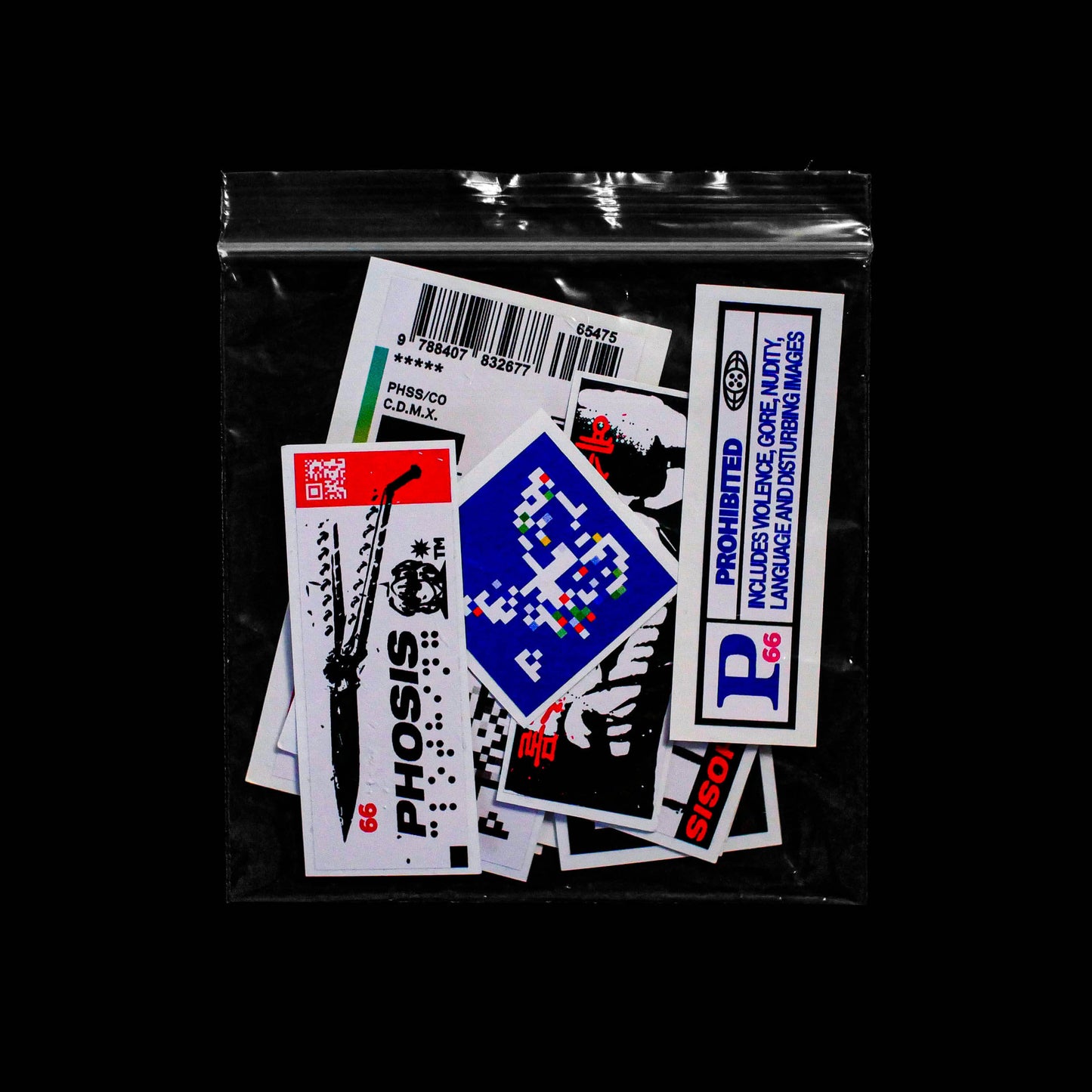 Front view of the full STRIKE 2 vinyl sticker pack bag from PHOSIS Clothing