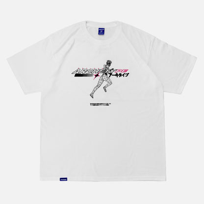Front view of the screen-pinted ARCHETYPE white heavyweight cotton t-shirt from PHOSIS® Clothing