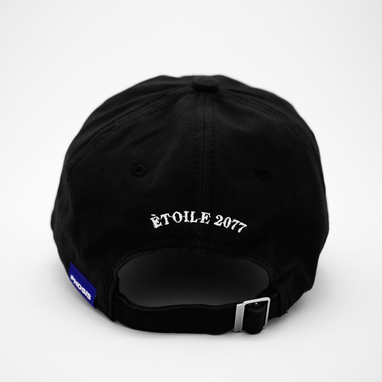 Back view of the embroidered ÉTOILE black dad hat from PHOSIS® Clothing