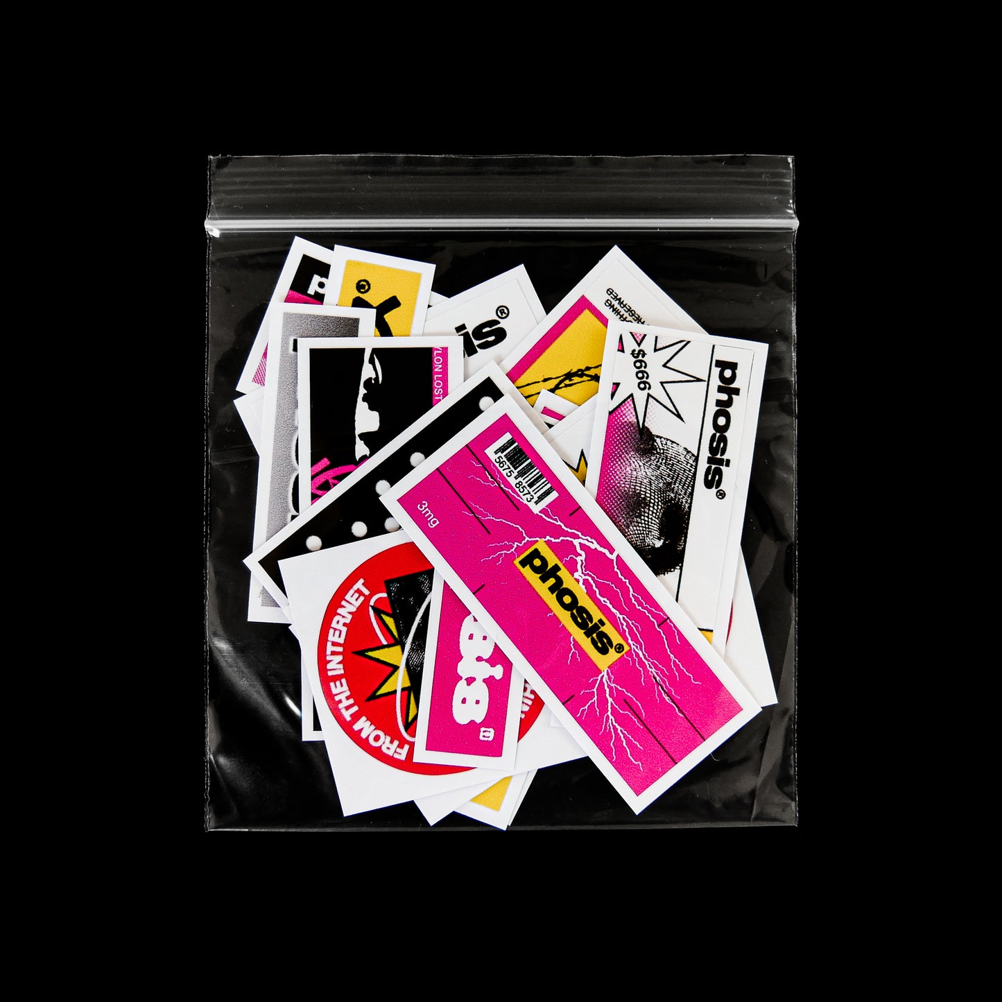 Front view of the full STRIKE3 vinyl sticker pack bag from PHOSIS® Clothing