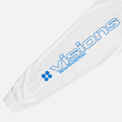 Sleeve close up of the screen-pinted VISIONS white heavyweight cotton long sleeve from PHOSIS® Clothing