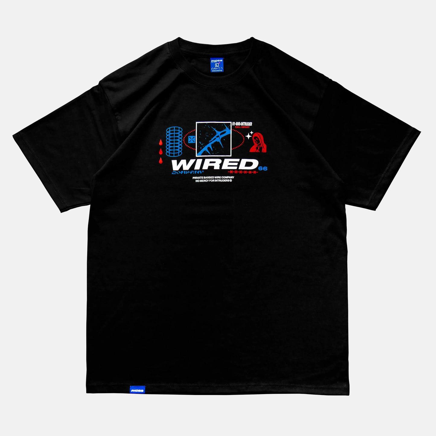 Front view of the screen-pinted 'WIRED' black t-shirt from PHOSIS Clothing